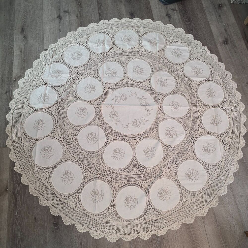 70 Inch round Cotton Crochet Lace Tablecloth Beige Vintage Woven Dining Kitchen
